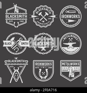 Blacksmith white emblems on black background with working master anvil hammer chain pincers horseshoe isolated vector illustration Stock Vector