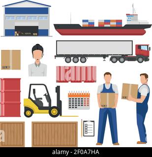 Logistics flat elements set with warehouse goods in different containers forklift transportation employees isolated vector illustration Stock Vector