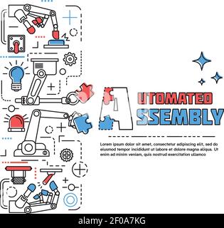 Colored assembly vertical concept with robotic hands holding puzzle pieces in linear style vector illustration Stock Vector