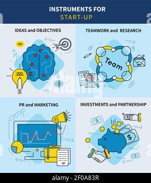 Linear business project startup square concept with ideas goals financial marketing and development strategies vector illustration Stock Vector