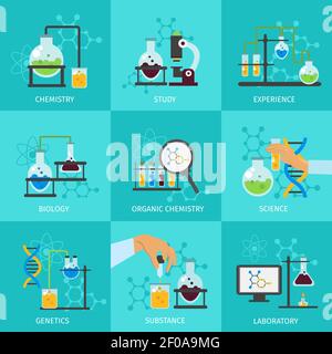 Chemical experimental icon set with descriptions of chemistry study experience biology organic chemistry science laboratory vector illustration Stock Vector