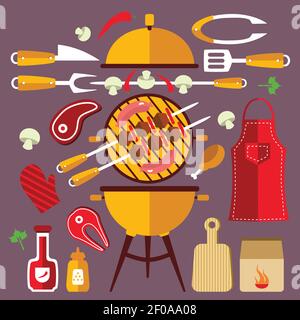 Flat  icons concept set with fork apron steak and other accessories and food for BBQ vector illustration Stock Vector