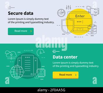 Two horizontal datacenter banner set with headlines secure data and data center vector illustration Stock Vector