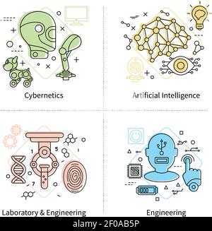 Artificial intelligence isolated colored icon set on cybernetics laboratory and engineering themes vector illustration Stock Vector