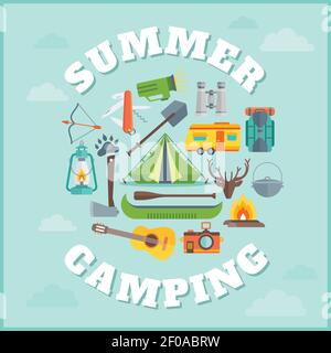 Summer camping round design with tourist equipment vehicles guitar antlers on blue background with clouds vector illustration Stock Vector