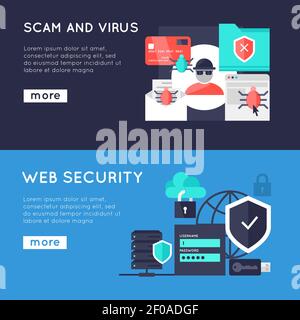 Computer security horizontal banners with web protection spam and virus on blue backgrounds isolated vector illustration Stock Vector