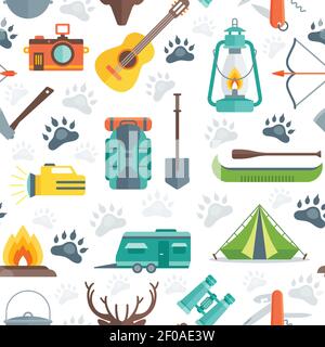 Camping seamless pattern with animal tracks tent boat flashlight guitar motor home on white background vector illustration Stock Vector