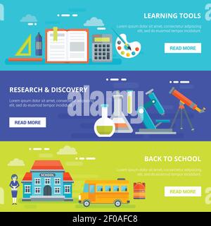 Education horizontal banners set with learning tools research and discovery back to school isolated vector illustration Stock Vector
