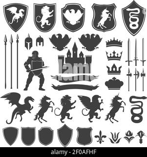 Heraldry decorative graphic icons set with medieval castle edged weapon shields flowers animals crowns isolated vector illustration Stock Vector