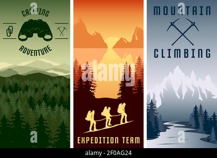 Mountain expeditions vertical banners set with natural landscape climbing team camping adventure isolated vector illustration Stock Vector