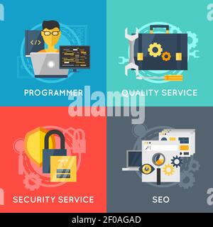 Four square program development icon set with titles idea prototype and ...