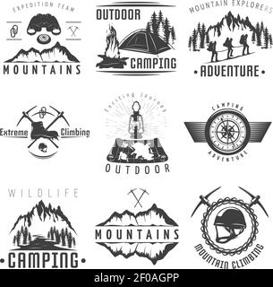 Mountains black white labels with natural landscape climbing equipment map tent bonfire compass binoculars isolated vector illustration Stock Vector