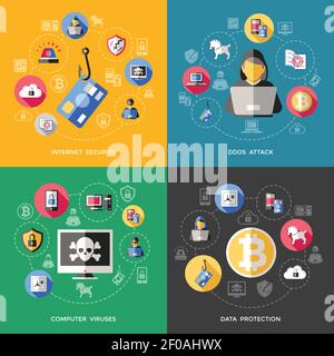 Internet security concept with attack of computer viruses data protection phishing spam spy threat isolated vector illustration Stock Vector
