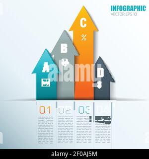 Flat design colorful infographics elements with numbered text samples at bottom and vertical arrows vector illustration Stock Vector