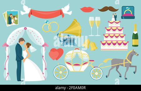 Flat colored wedding icon set with isolated figures of bride and groom and wedding attributes vector illustration Stock Vector
