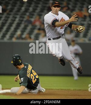 Baltimore Orioles shortstop J.J. Hardy (2) throws to first base for an out.  Cleveland Indians vs Baltimore Orioles on June 28, 2012 at Oriole Park at  Camden Yards in Baltimore, MD. Photo