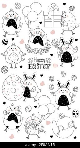 Set of Easter characters. Cute Easter chicks - hatched from an egg, a chicken girl, a boy with Easter eggs and balloons, a box and a gift. Vector, lin Stock Vector