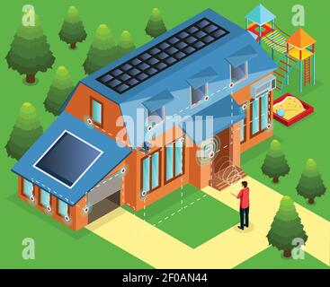 Isometric alarm installation in house concept with face eye or hand biometric identification vector illustration Stock Vector