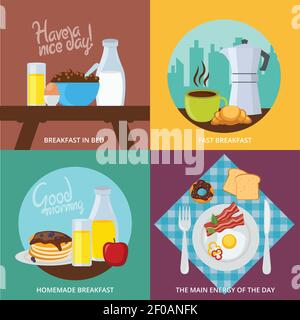 Four square icons set for different types of fast in bed  homemade and hearty breakfast vector illustration Stock Vector