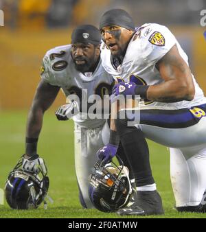 Baltimore Ravens inside linebacker Jameel McClain is congratulated by  teammates Ray Lewis (52) and Ed Reed (20) after picking off a Kevin Kolb  pass during the second half of their game on