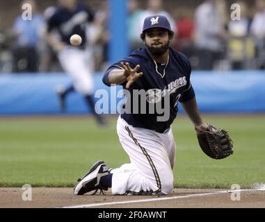 Milwaukee Brewers first baseman Prince Fielder (28) singles in the 3rd  inning of the game between the Milwaukee Brewers and San Francisco Giants  at Miller Park in Milwaukee, Wisconsin. The Giants defeated
