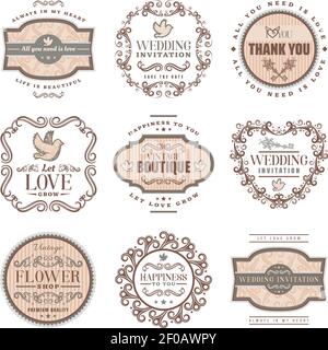 Vintage romantic labels set with wedding invitation love amorous inscriptions pigeon ornamental frames and vignettes isolated vector illustration Stock Vector