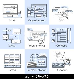 Web design line white icon set with descriptions of work cross browser seo cms programming concept vector illustration Stock Vector