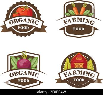 Four isolated colorful emblems set with carrot tomato beetroot and warehouse symbols and editable captions vector illustration Stock Vector