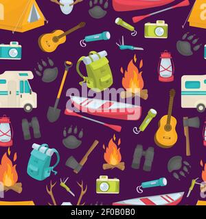 Camping seamless pattern with lantern shovel binoculars tent backpack axe flashlight boat on purple background vector illustration Stock Vector