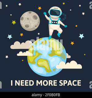 Space colored poster astronaut waving and standing on globe behind him the moon and the starry sky vector illustration Stock Vector