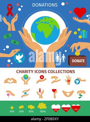 Flat isolated concept with hands in different positions taking care about the nature earth family with heart style charts for infographics vector illu Stock Vector