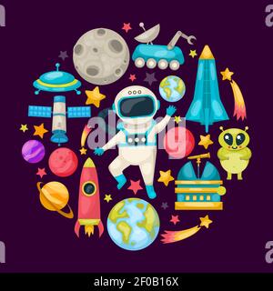 Space colored composition with icon set composed in round on cosmic theme vector illustration Stock Vector