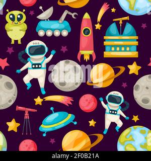 Space seamless background pattern with different inhabitants of space planets and tools vector illustration Stock Vector