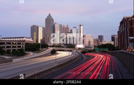 Atlanta Georgia Rush Hour Traffic Dusk Downtown City Skyline Stock Photo