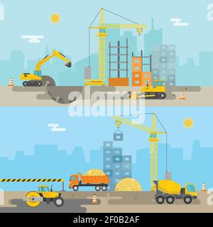 Building house. Work process of buildings construction and machinery ...