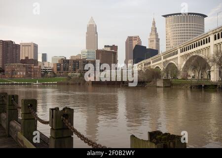 Cleveland Ohio Downtown City Skyline Cuyahoga River Stock Photo