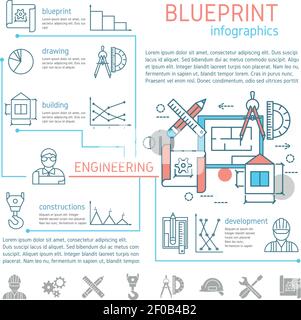 Blueprint and engineering linear infographics with drafts and drawing tools design text diagrams graphs vector illustration Stock Vector