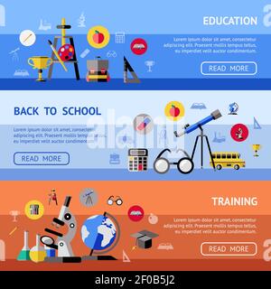 Three horizontal school banner set with headlines education back to school and training vector illustration Stock Vector