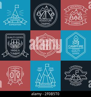 Mountain expeditions linear labels with climbing tools tourist accessories on blue red black backgrounds isolated vector illustration Stock Vector
