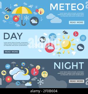 Three horizontal weather forecast banner set with meteo day night descriptions and read more buttons vector illustration Stock Vector