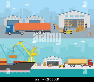 Cargo ship loading in city port. Cranes on dockside, pier unloading ...