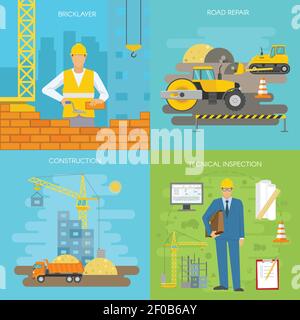 Construction icon set with descriptions of bricklayer road repair construction and technical inspection vector illustration Stock Vector