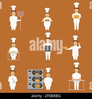Baker set of characters with bread and cooking tools on tan background isolated vector illustration Stock Vector