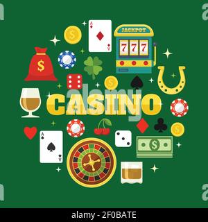 Elements of casino flat icons set in shape of circle on green background isolated vector illustration Stock Vector
