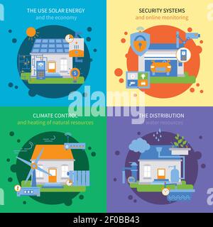 Four square smart house colored icon set with climate control distribution security systems and the use solar energy descriptions vector illustration Stock Vector
