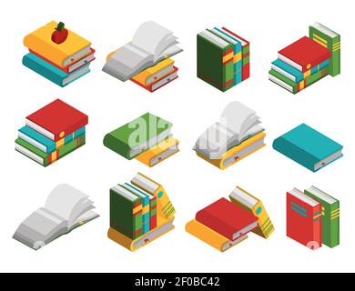 Colored school books isometric icon set closed and open lying and standing on the side vector illustration Stock Vector