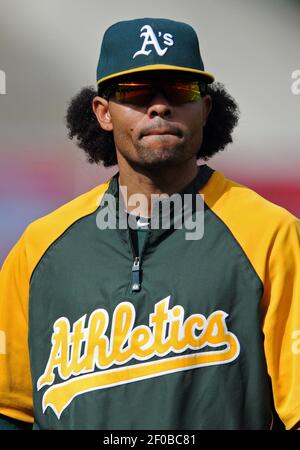 Oakland Athletics' Coco Crisp walks on the field during the first baseball  game of a doubleheader against the Baltimore Orioles in Baltimore,  Saturday, May 7, 2016. (AP Photo/Patrick Semansky Stock Photo - Alamy