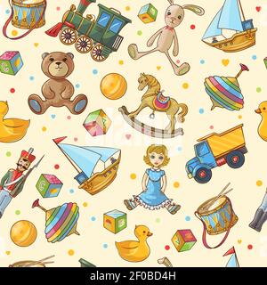 Kids toys seamless pattern with isolated colored different toys icon set on light yellow background vector illustration Stock Vector