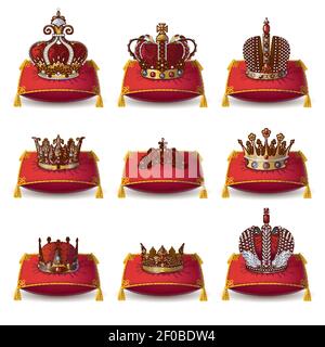 Crowns of kings and queen collection on red pillows with yellow tassels isolated vector illustation Stock Vector