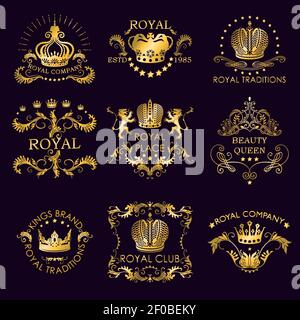 Royal traditions golden logos with crowns flourish ornament stars rays on black background isolated vector illustration Stock Vector
